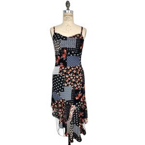 SO Patchwork Dress Women Small Black Floral Y2K Boho Cottage Fairy Hanky Hem
